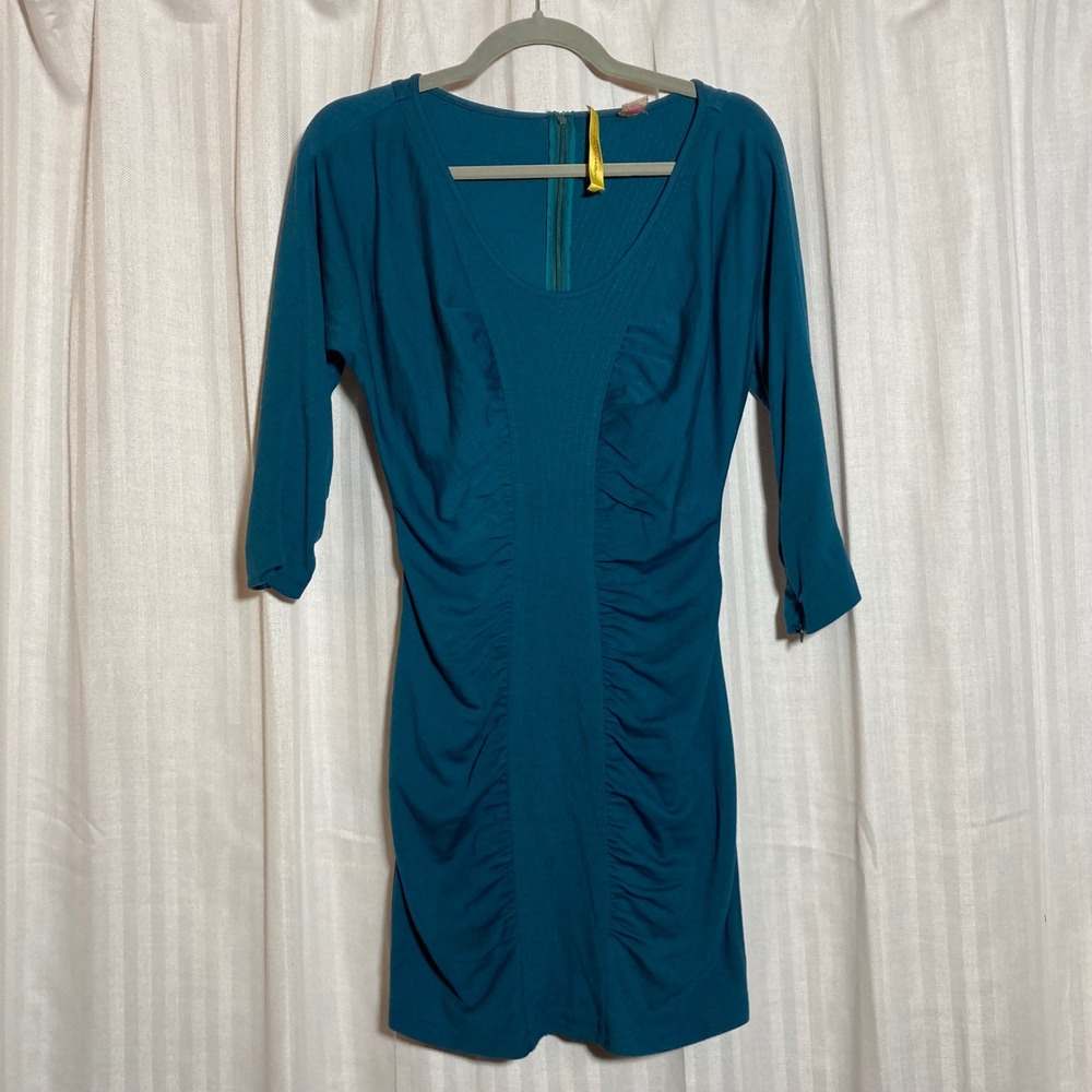 Catherine Malandrino Teal Wool Ruched Knit Dress 3/4 Zip Sleeve S Y2K Party